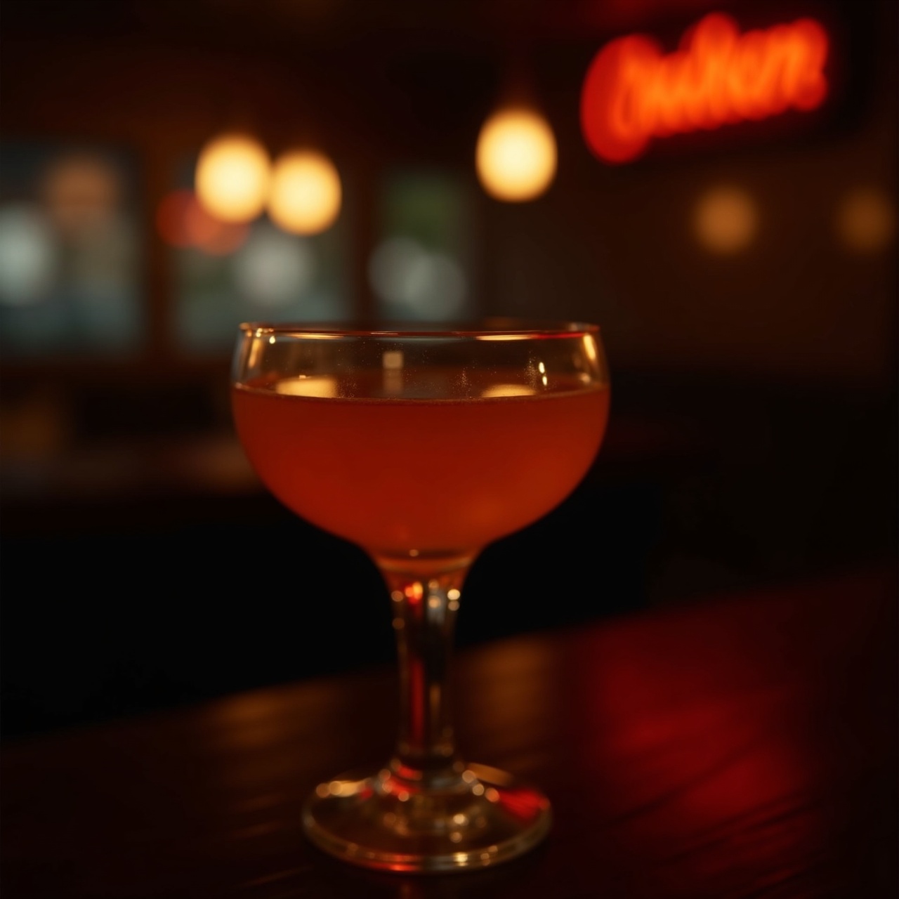 an amber cocktail on a dark bar