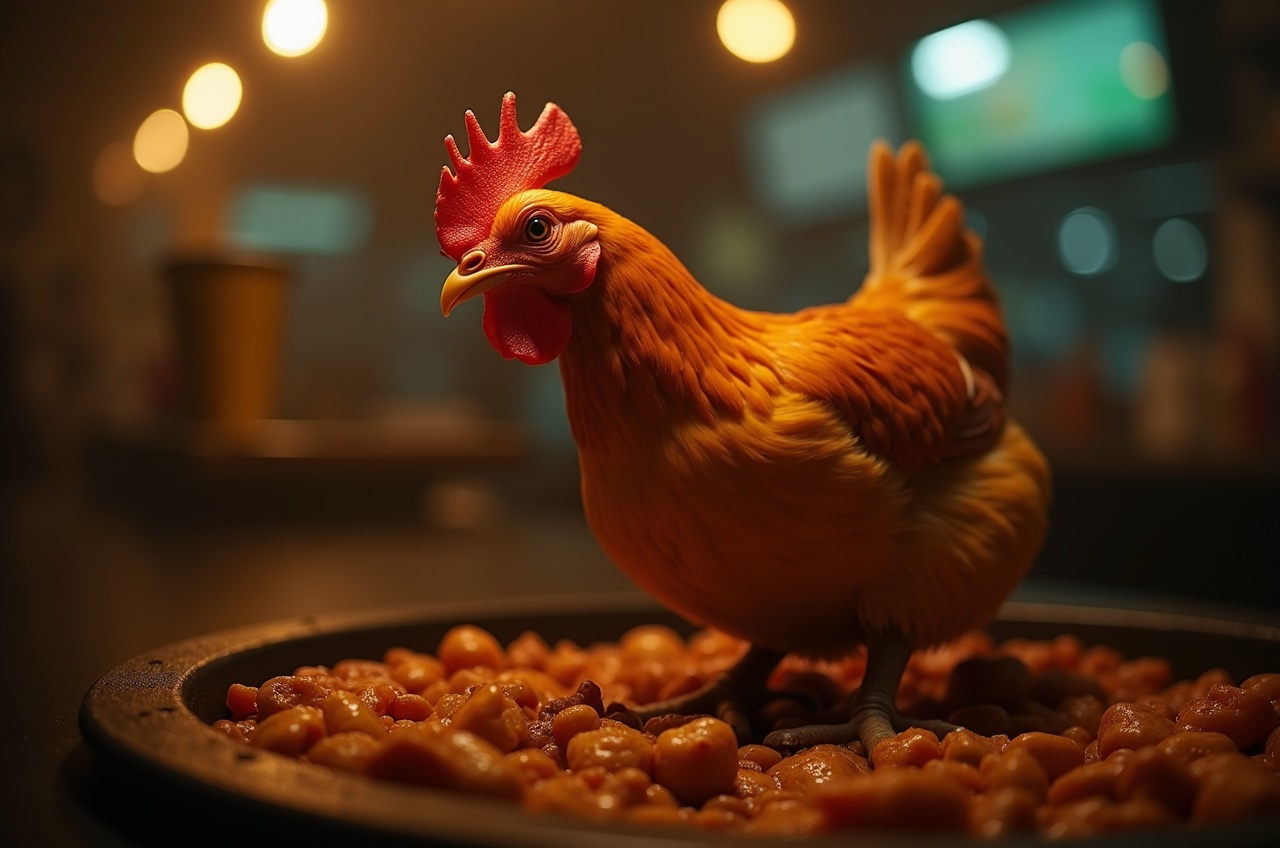 Pollo entero girando sobre brasas de carbón, con la piel dorada y goteando, visto de cerca desde la barra
