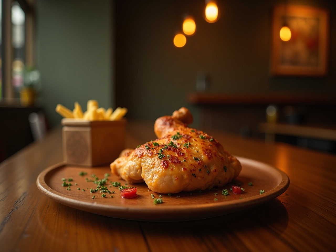 Pollo entero recién cortado en una tabla de madera, con jugo alrededor