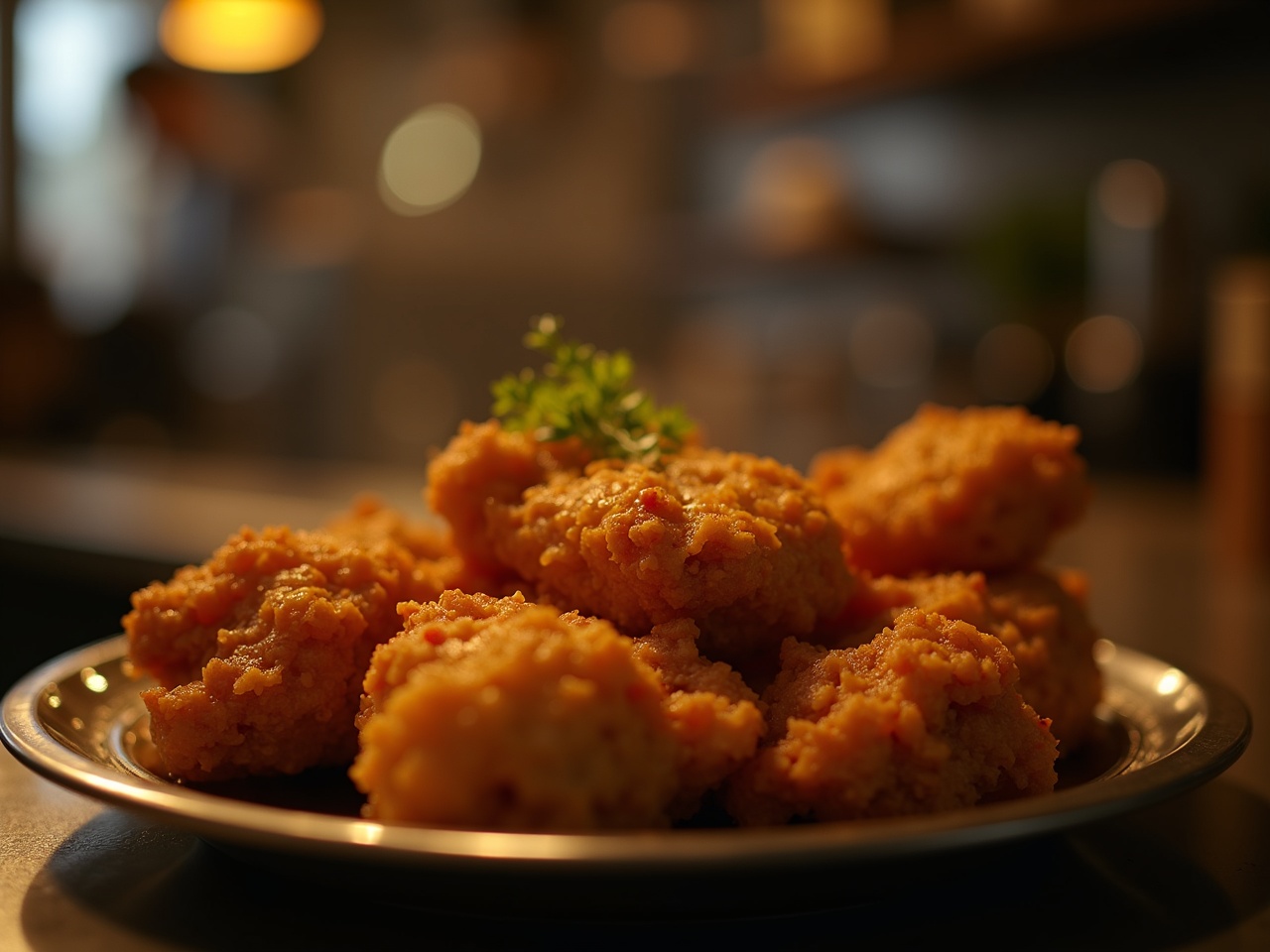 Alitas de pollo brillantes apiladas en un plato de metal, con salsa a un costado