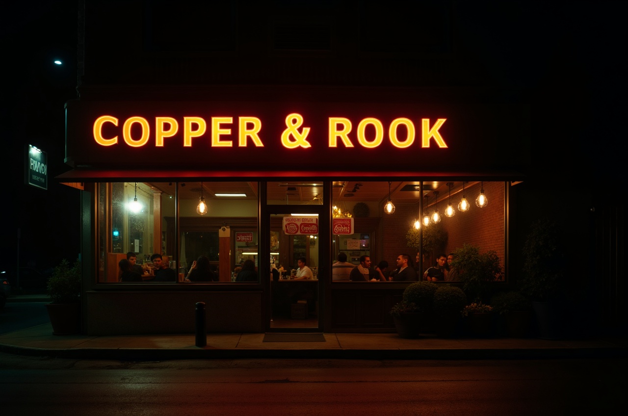 Fachada del local de noche, con el letrero de Copper & Rook iluminado y la puerta abierta